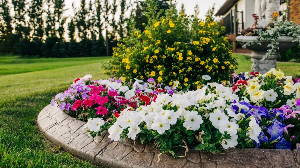 Landscaping with bush, brick, and colorful flowers