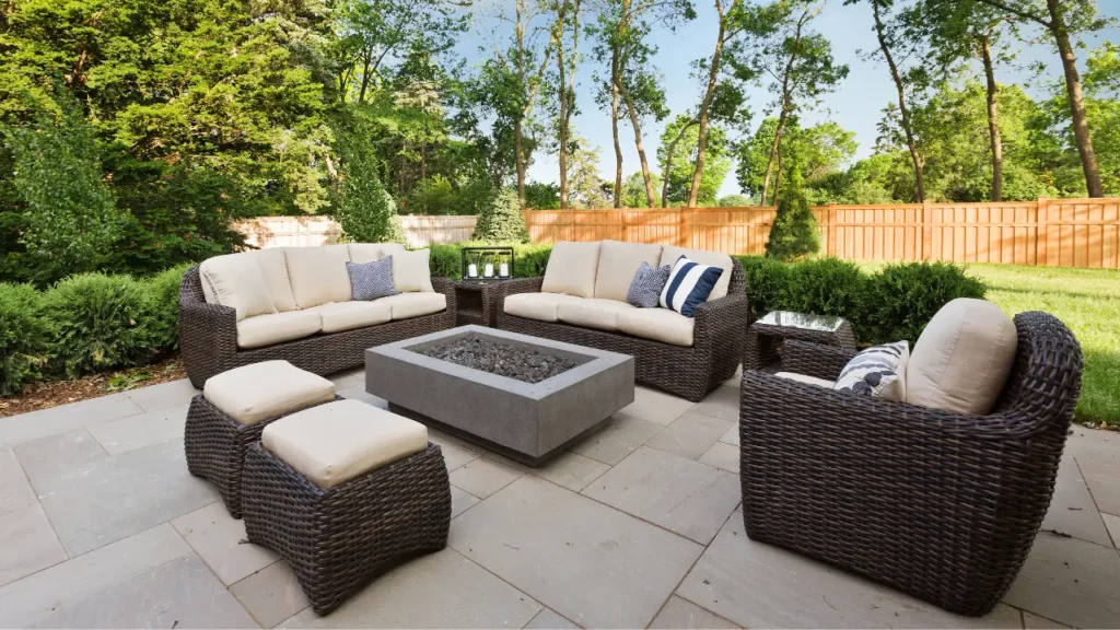 Outdoor living space with couches and chairs