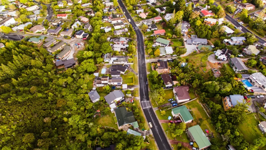 Aerial shot of a suburban neighborhood