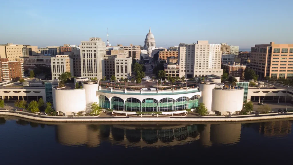 Madison, Wisconsin skyline with Monona Terrace and State Capitol