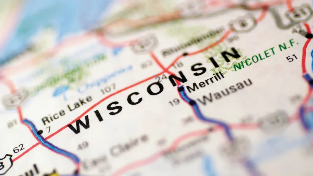 close up of Wisconsin on map