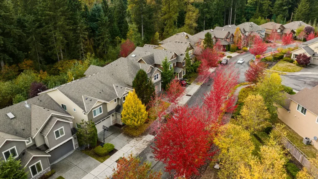 Aerial of a neighborhood in the fall with colorful leaves