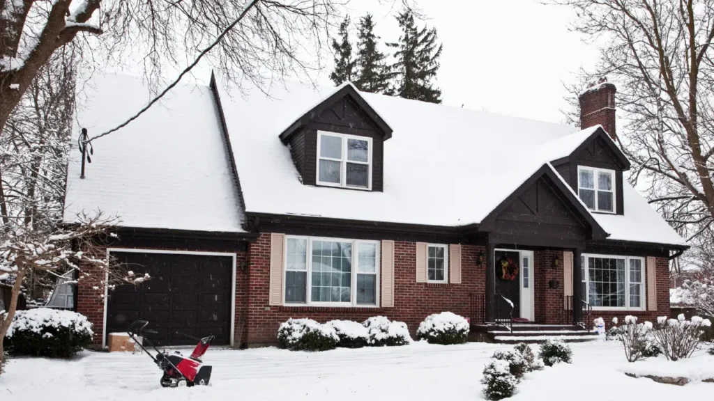 Home covered in a light layer of snow